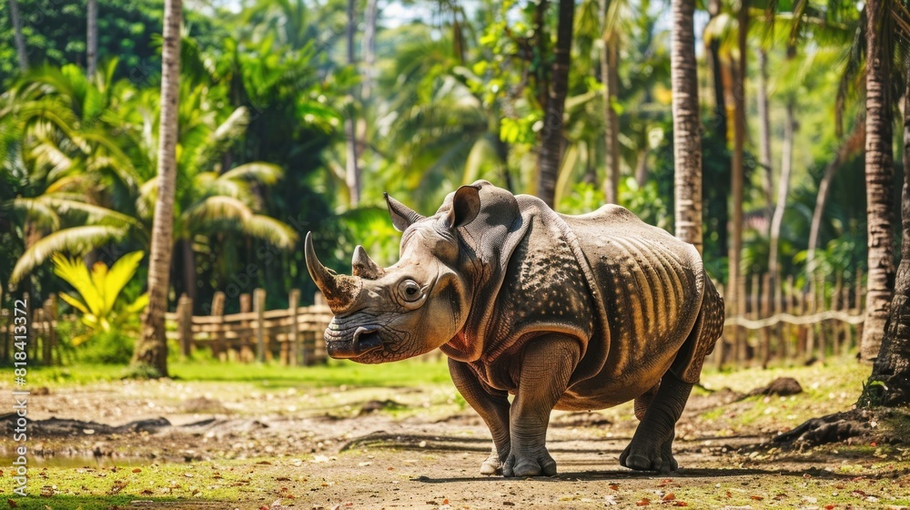 Fototapeta premium A rhino is walking through a forest
