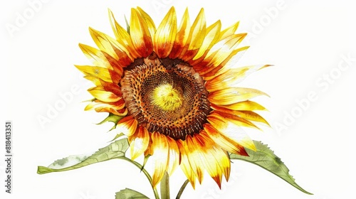 Watercolor sketch of a sunflower reaching towards the sun with its golden petals and rich brown center