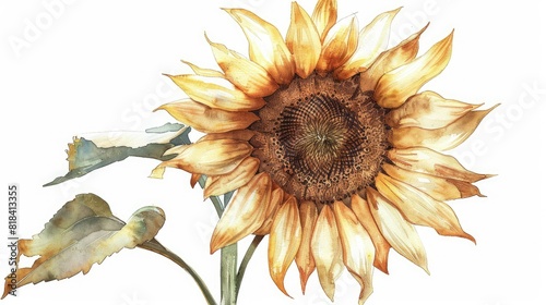 Watercolor sketch of a sunflower reaching towards the sun with its golden petals and rich brown center
