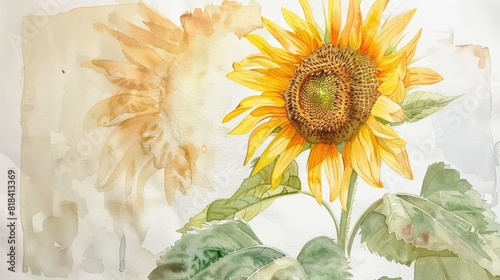 Watercolor sketch of a sunflower reaching towards the sun with its golden petals and rich brown center
