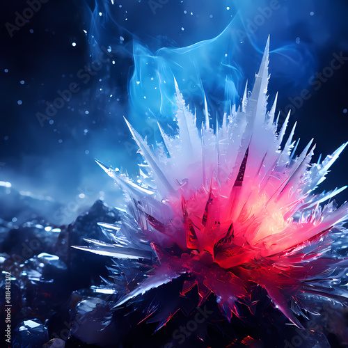 Surrealistic illustration of a eryngium frozen and lit by red light 