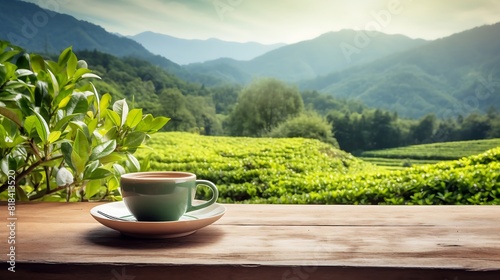 Tea cup with green tea leaf on the wooden table and the tea plantations background