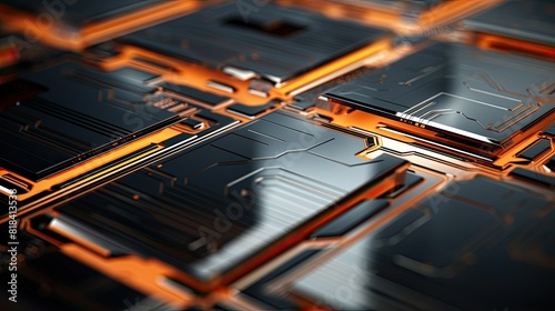 Close-up of metallic surfaces with futuristic digital display overlays