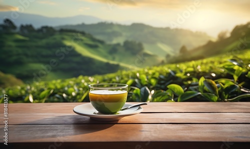 Tea cup with green tea leaf on the wooden table and the tea plantations background
