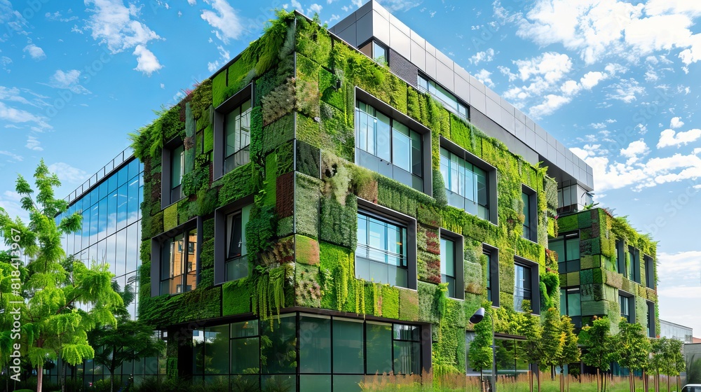Green architecture. Eco friendly building with green plant and blue sky Green architecture. Eco friendly building with green plant and blue sky