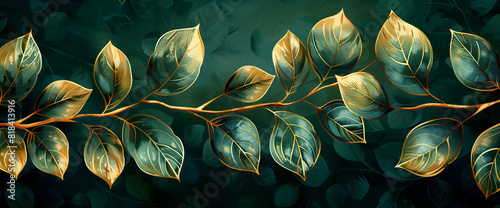 An elegant pattern design featuring delicate leaves in gold lines on a dark green background, creates a sophisticated, nature-inspired wallpaper design for interior decoration.