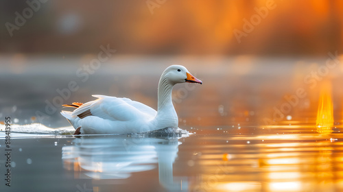 A goose gracefully gliding across the surface of a tranquil lake
