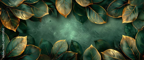 An elegant pattern design featuring delicate leaves in gold lines on a dark green background, creates a sophisticated, nature-inspired wallpaper design for interior decoration. photo