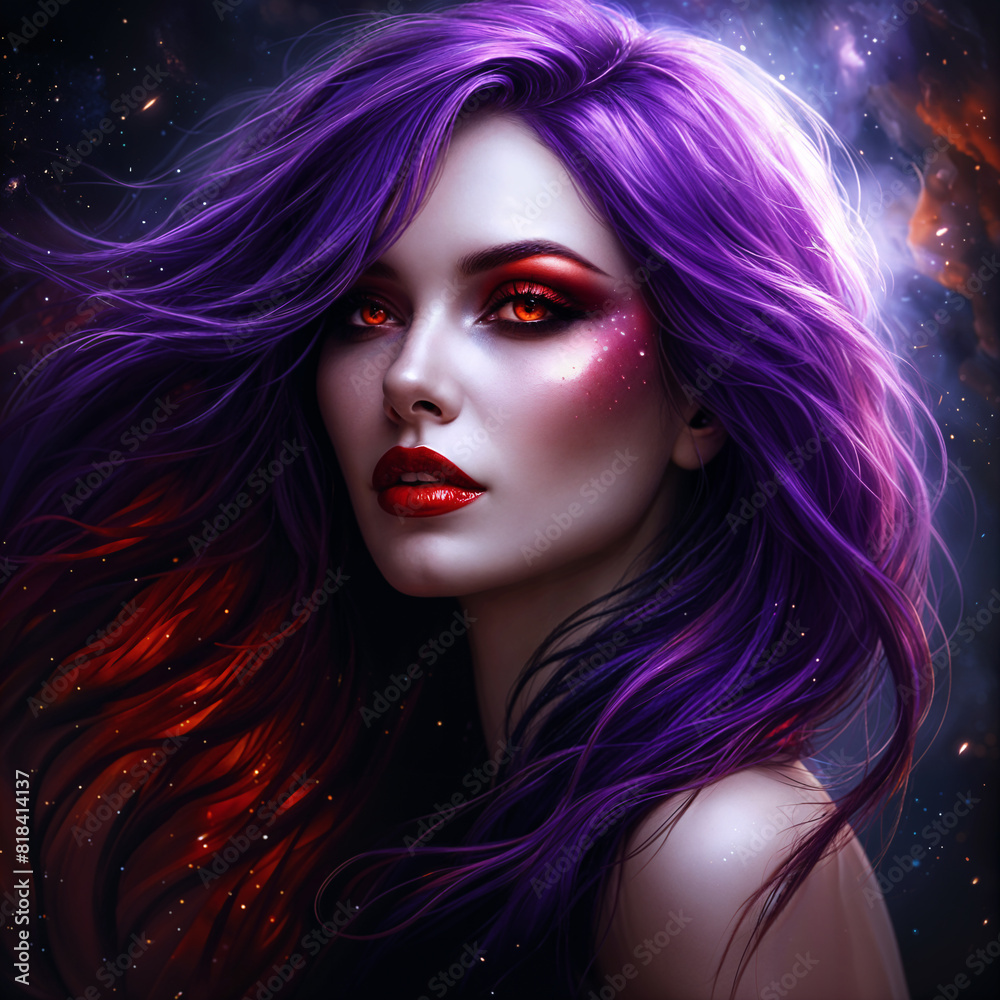 A woman with long purple hair and striking red eyes, set against a cosmic background.