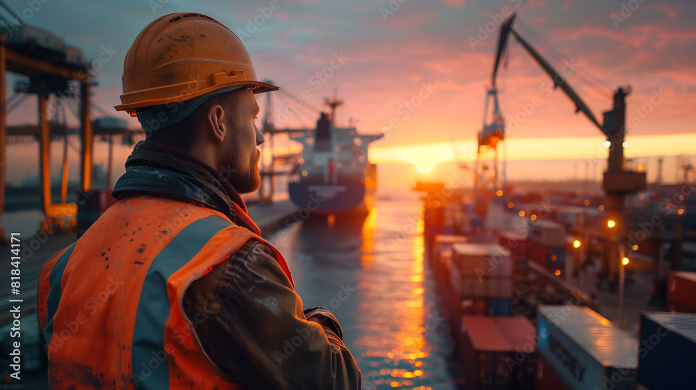 Engineer working at factory dock filled with shipping containers. Load containers in cargo ship with industrial crane. Engineer working at factory dock filled with shipping containers. Load containers in cargo ship with industrial crane.