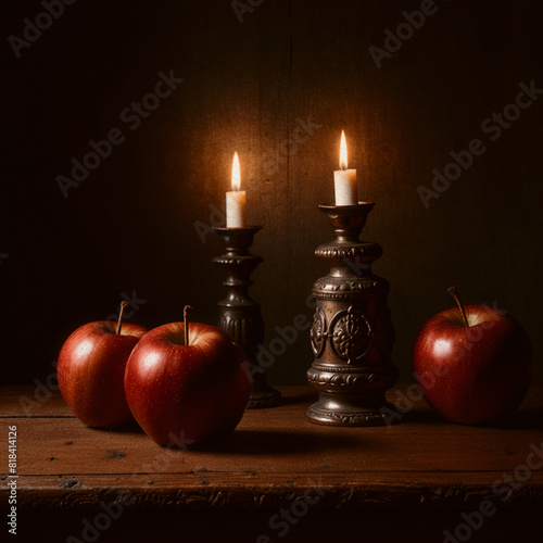 Emulated analogue film still life of three apples and two candles with Vermeer-style lighting.