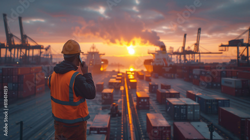 Engineer working at factory dock filled with shipping containers. Load containers in cargo ship with industrial crane.