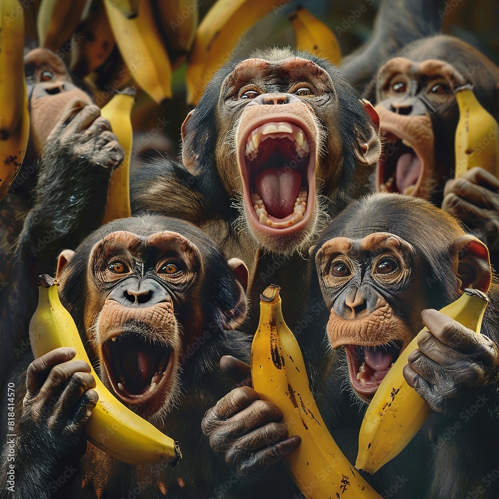 A group of happy monkeys holding bananas in their hands, they all have their mouths wide open and surprised looks on their faces.