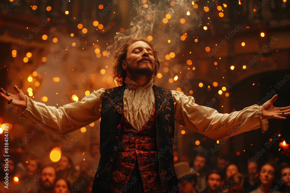 A performer captivating an audience with a spellbinding magic trick, leaving them in awe and wonder. Concept of entertainment and illusion. Generative Ai. A performer captivating an audience with a spellbinding magic trick, leaving them in awe and wonder. Concept of entertainment and illusion. Generative Ai.