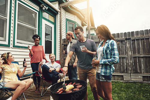 Photography Friends, group and drinking in backyard with bbq for social event, party and celebration with talking in home