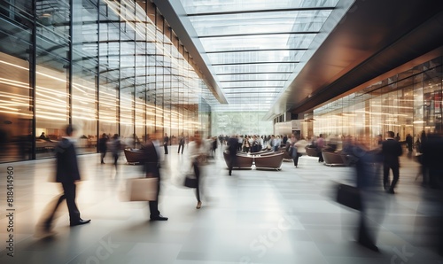 Long exposure shot of crowd of business people walking in the lobby of a modern office building