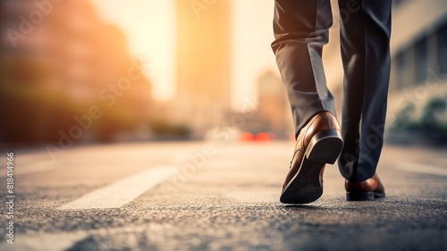 Businessman walking on the road at sunset.