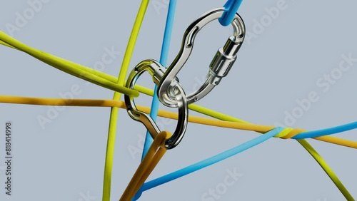 Climbing carabiner safety check, closeup of ropes