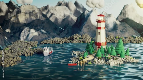 Lighthouse on an island near the seashore. 3D animation of a floating boat. Сasual graphics
