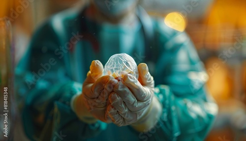 Doctor carries baby in amniotic sac premature birth photo