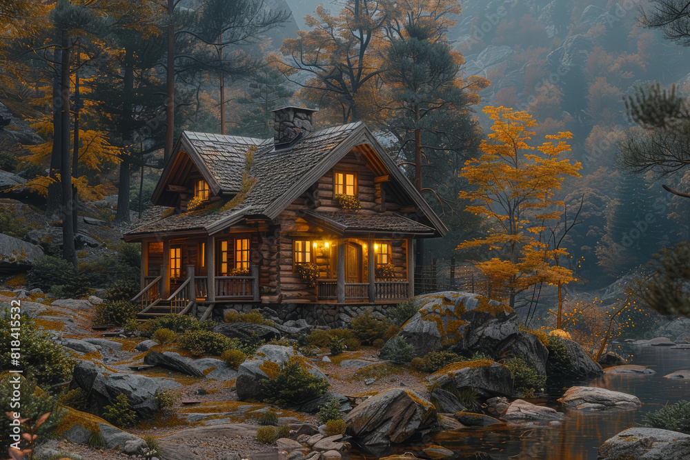 A cozy cabin nestled in the woods, surrounded by towering trees and tranquil nature. Concept of rustic charm and relaxation. Generative Ai. A cozy cabin nestled in the woods, surrounded by towering trees and tranquil nature. Concept of rustic charm and relaxation. Generative Ai.