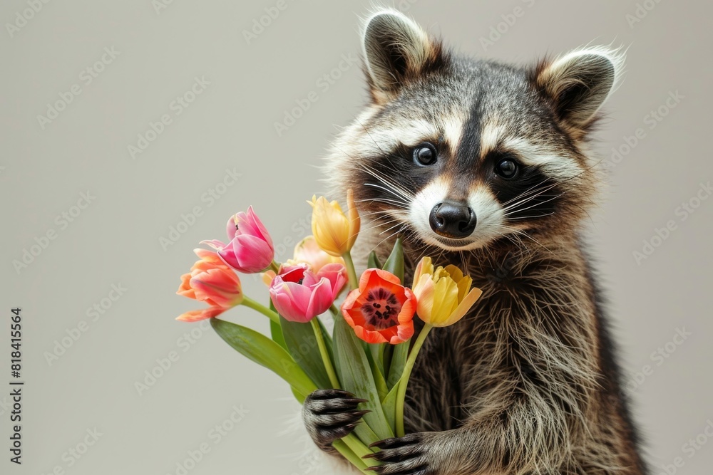 Raccoon with a bouquet of flowers Raccoon with a bouquet of flowers