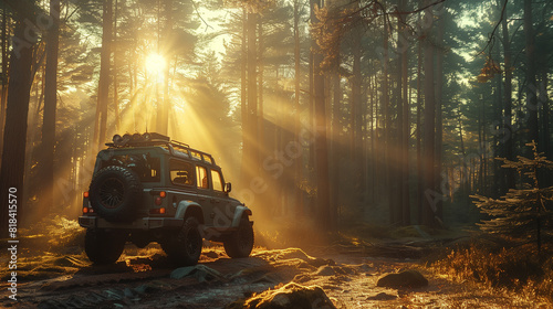 Fototapeta Naklejka Na Ścianę i Meble -  SUV in the jungle with sunlight