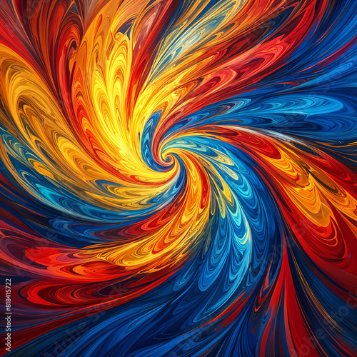 A vibrant, swirling pattern with colors ranging from red to blue and yellow to orange.