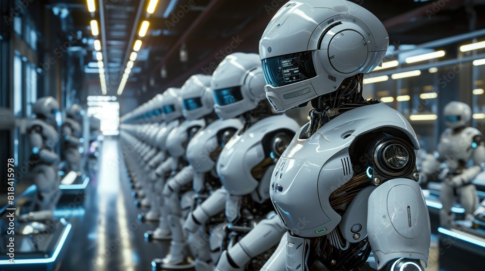 Futuristic Robots in High-Tech Factory Assembly Line Futuristic Robots in High-Tech Factory Assembly Line