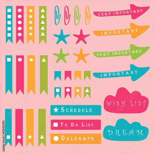 Collection of cute vector stickers for school education notebook or business agenda planner