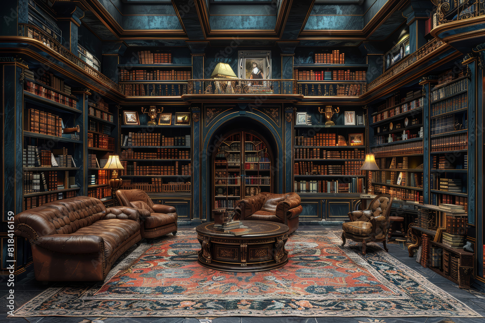 A stately library filled with rows of leather-bound books and antique furniture, the scent of old paper mingling with the quiet hum of intellectual pursuit.  Generative Ai.