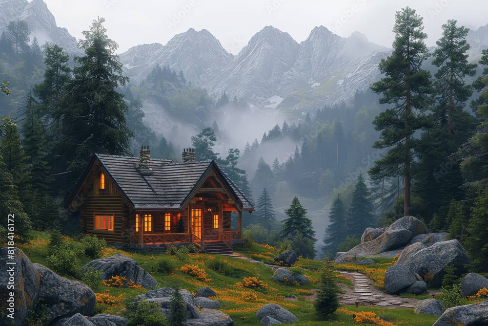 A secluded cabin hidden deep within the forest, its rustic charm offering a respite from the chaos of modern life. Concept of solitude and introspection. Generative Ai.