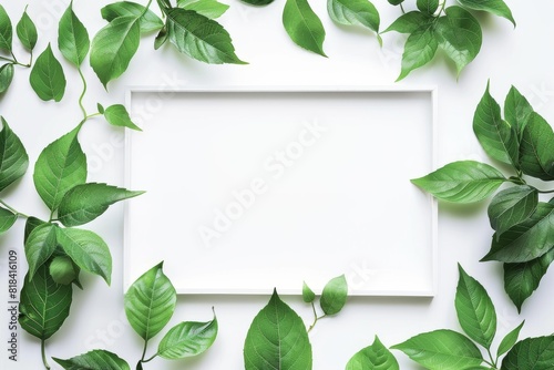 White frame surrounded by fresh green leaves on white.