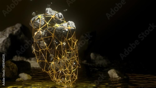 Art animation. An array of stones in a grid over the water