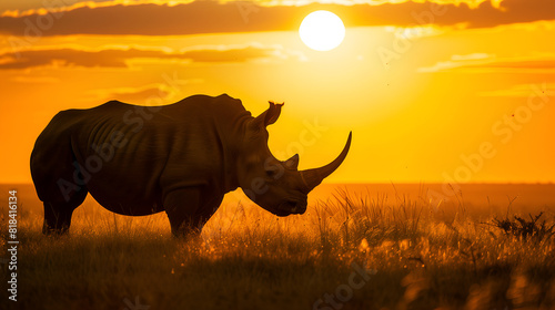 A majestic rhinoceros at sunset