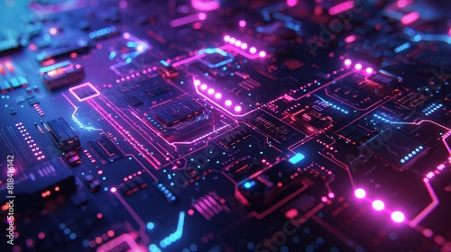 Futuristic Glowing Circuit Board with Neon Lights