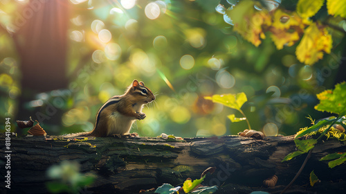 A chipmunk perched on a weathered log photo