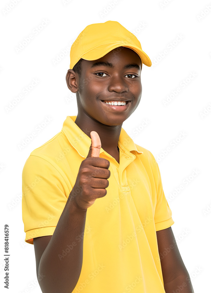 African American teen boy posing with his first job uniform with yellow polo shirt and cap, posing with thumbs up. Isolated over transparent background African American teen boy posing with his first job uniform with yellow polo shirt and cap, posing with thumbs up. Isolated over transparent background