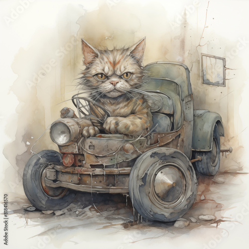 Psychedelic Watercolor cat in old car