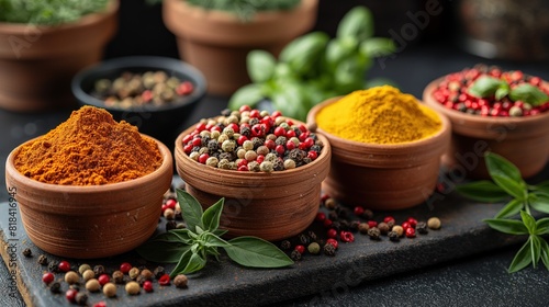 Colorful Assortment of Spices and Herbs in Ceramic Bowls