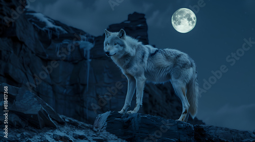 A lone wolf standing proudly on a rocky outcrop photo