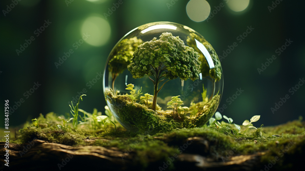 Green eco friendly glass globe with plants for world earth day concept Green eco friendly glass globe with plants for world earth day concept