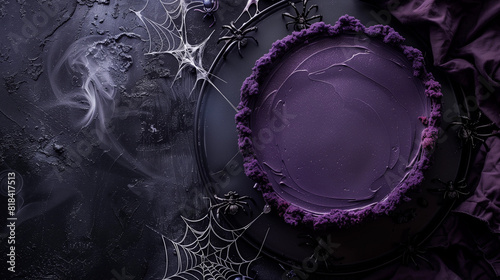 Above view Halloween deep purple buttercream frosting cake with spider web  for spooky October 31st event  bakery banner cooking recipe blog  mock up horror lux chic gothic goth decorating copy space