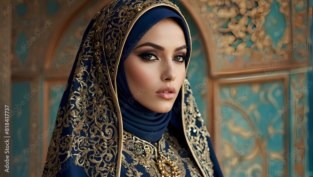 Model wearing modern Islamic dress patterned with a hijab., fashion. Model wearing modern Islamic dress patterned with a hijab., fashion.