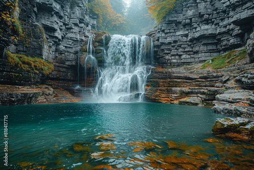 A magnificent waterfall cascading down rocky cliffs, its thunderous roar echoing through the surrounding landscape. Concept of natural splendor and awe-inspiring beauty. Generative Ai.