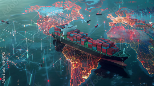 Model of containers ship and transportation international import export by container ship in the open seaport show ocean map.