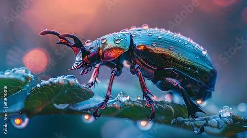 A majestic stag beetle perched on a dew-kissed leaf its iridescent carapace gleaming under the soft morning light photo