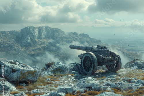 Heavy artillery cannon positioned on a fortified hill, its barrel trained on distant targets with pinpoint accuracy. Concept of artillery bombardment and strategic firepower. Generative Ai. photo