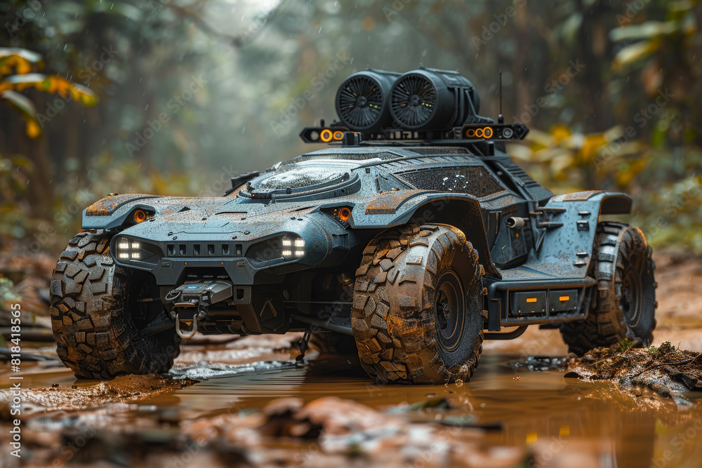 Obraz premium Reconnaissance vehicle equipped with advanced sensors and optics, scouting enemy positions with stealth and precision. Concept of reconnaissance and intelligence gathering. Generative Ai.