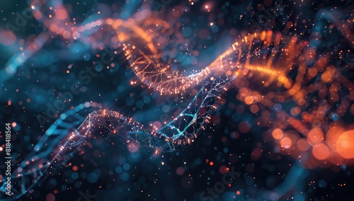 Abstract DNA structure background with glowing effect on dark color background, futuristic concept of biosource and technology photo